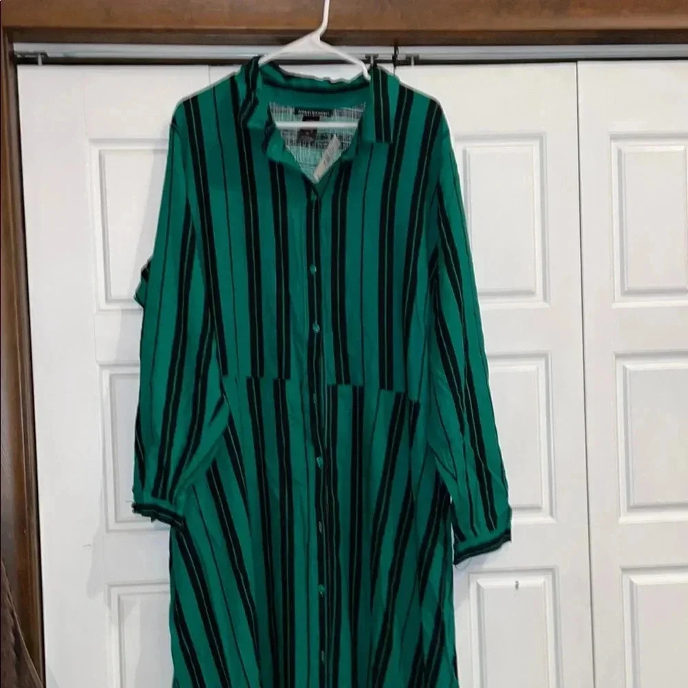 Ashley Stewart Green Striped Button-Up Dress
